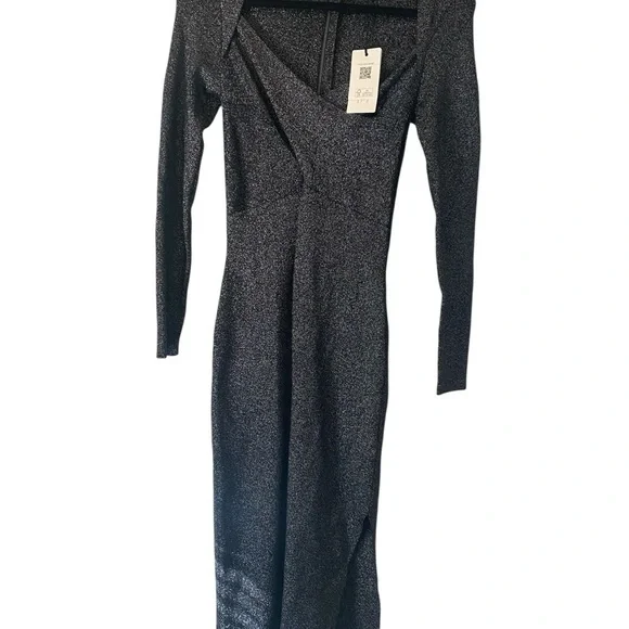 Ted Baker black silver Metallic Tabytha stretch Knit Cross Over Slit dress - Picture 2 of 16